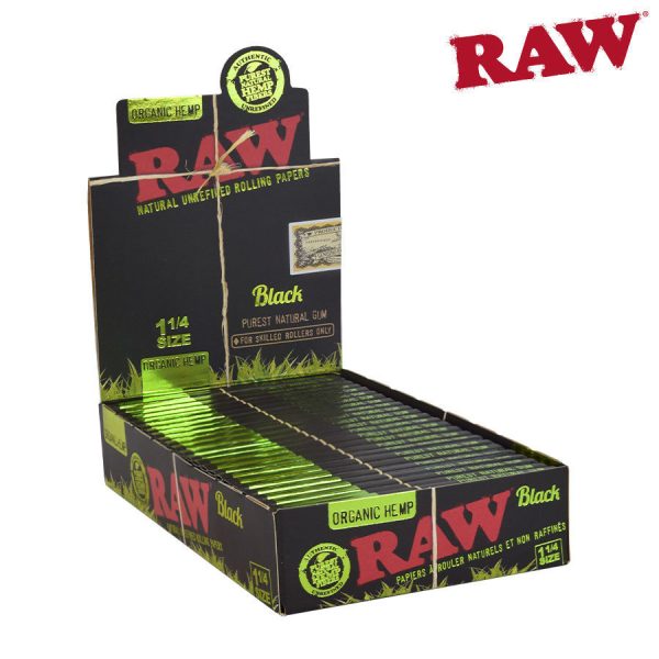 RAW Black Organic Hemp Rolling Papers – 1-1/4″ – 50 per pack ~ 24 packs per display