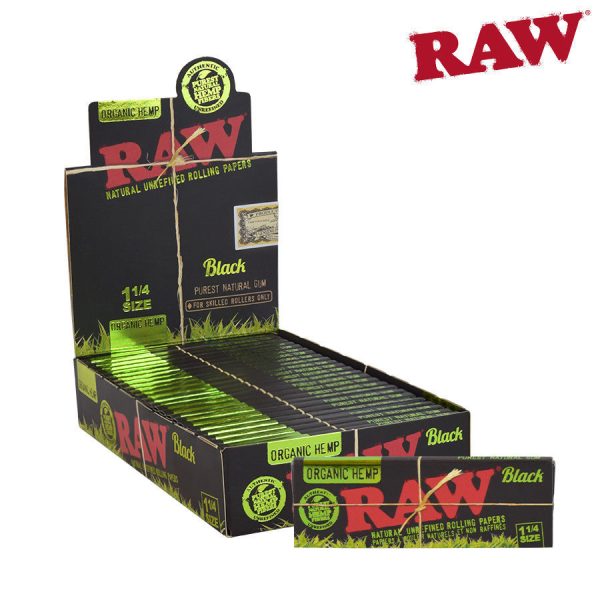 RAW Black Organic Hemp Rolling Papers – 1-1/4″ – 50 per pack ~ 24 packs per display