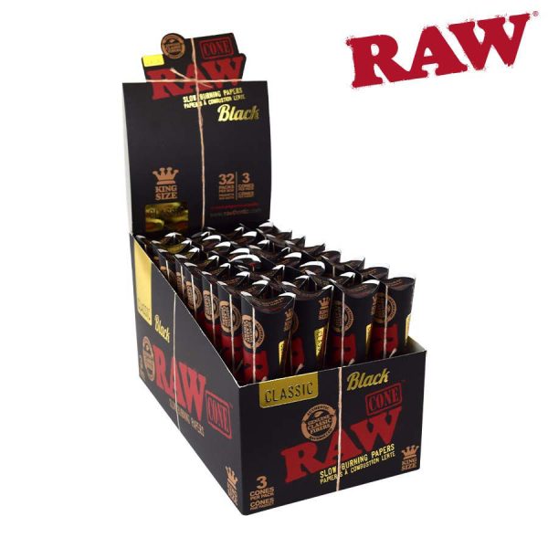 RAW Black King Size Cones – 3 per pack ~ 32 packs per display