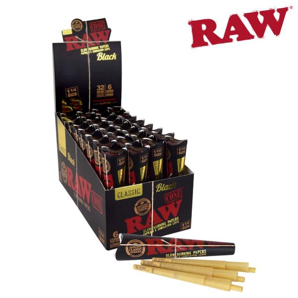 RAW Black 1-1/4″ Cones – 6 per pack ~ 32 packs per display