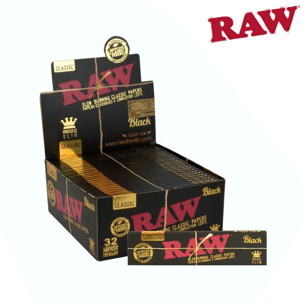 RAW Black King Size Slim Rolling Papers – 32 per pack ~ 50 packs per display