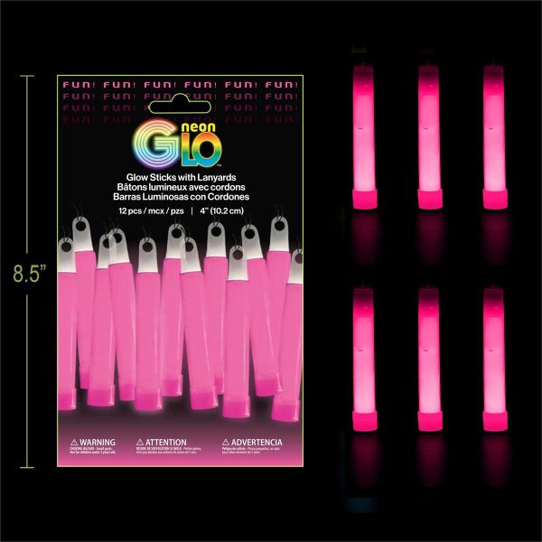 Neon Glo 4″ Glow Sticks with Lanyards – PINK ~ 12 per pack
