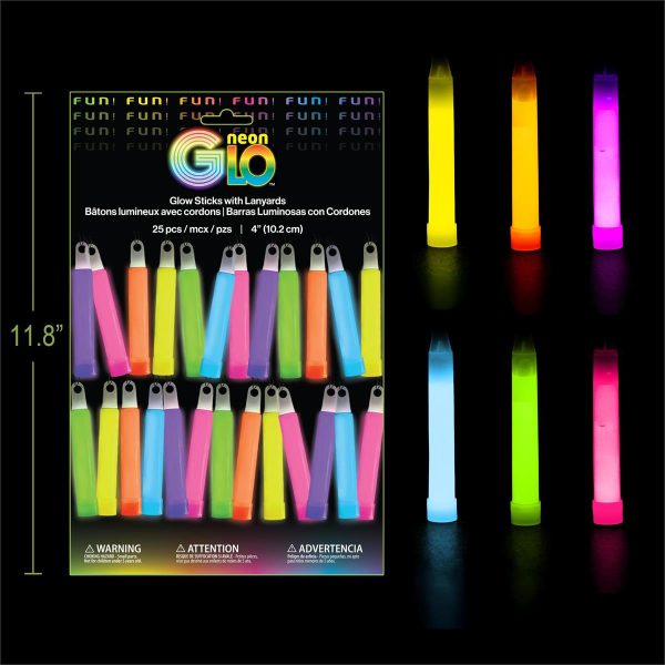 Neon Glo 4″ Glow Sticks with Lanyards – ASSORTED COLORS ~ 25 per pack