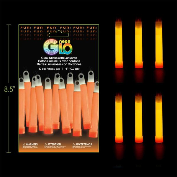 Neon Glo 4″ Glow Sticks with Lanyards – ORANGE ~ 12 per pack