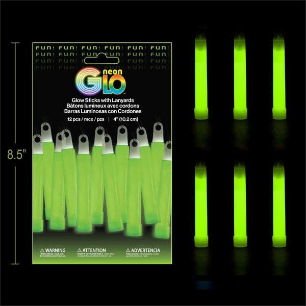 Neon Glo 4″ Glow Sticks with Lanyards – GREEN ~ 12 per pack