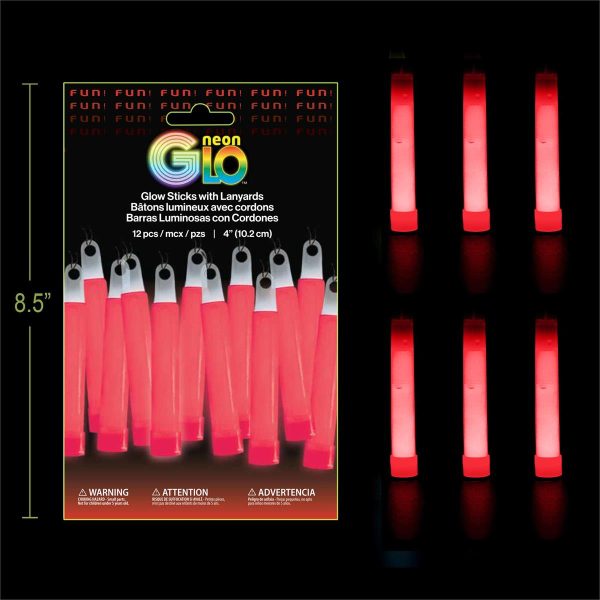 Neon Glo 4″ Glow Sticks with Lanyards – RED ~ 12 per pack