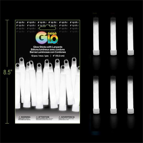 Neon Glo 4″ Glow Sticks with Lanyards – WHITE ~ 12 per pack