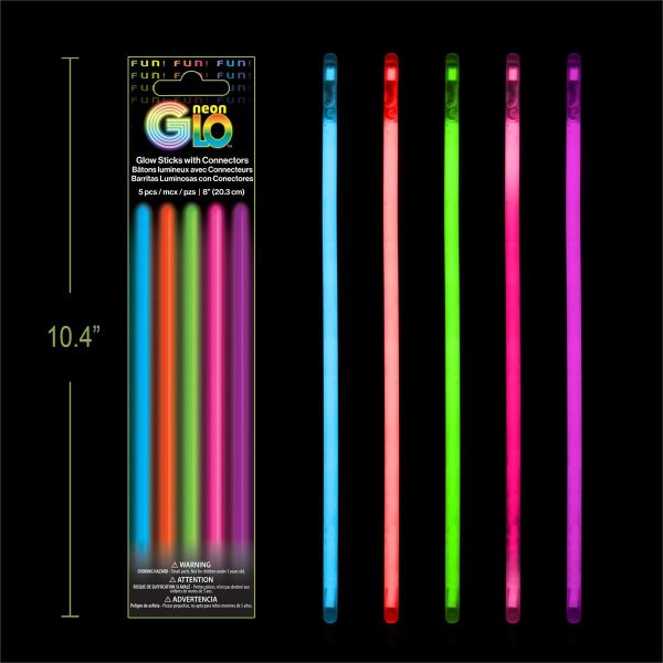 Neon Glo 8″ Glow Sticks with Connectors – ASSORTED ~ 5 per pack