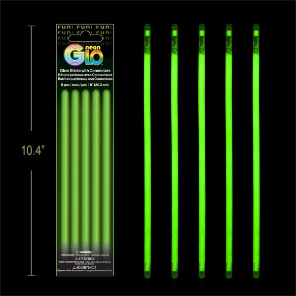 Neon Glo 8″ Glow Sticks with Connectors – GREEN ~ 5 per pack