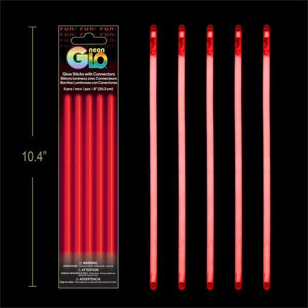 Neon Glo 8″ Glow Sticks with Connectors – RED ~ 5 per pack