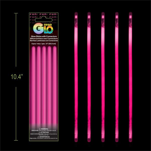 Neon Glo 8″ Glow Sticks with Connectors – PINK ~ 5 per pack