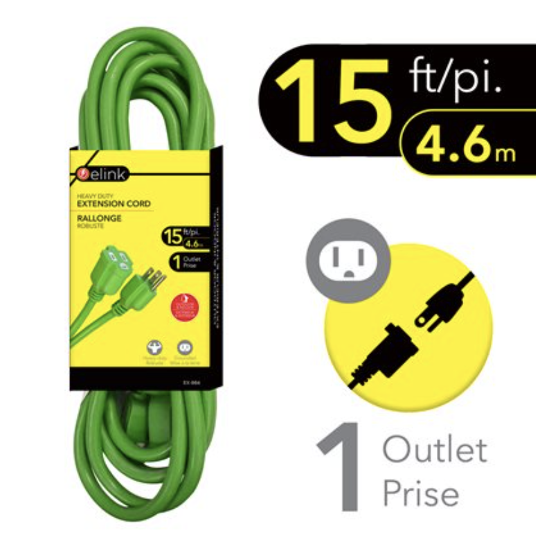 Heavy Duty Outdoor Extension Cord w/1 Outlet - 15' - Mr FLY