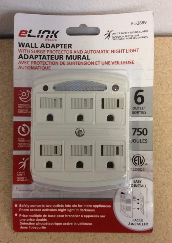 Wall Adaptor w/6 Outlets, Surge Protection and Night Light