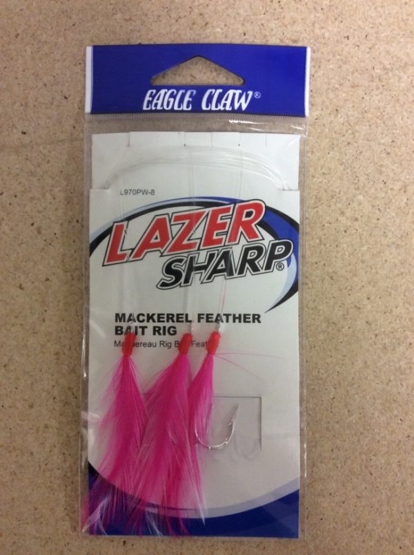 Eagle Claw Mackerel Feather Bait Rig, 3/string ~ Hot Pink/White