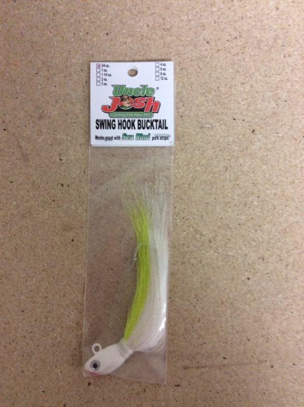 Uncle Josh Swinghook Bucktail Striper Jig – 3/4oz ~ White / Chartreuse