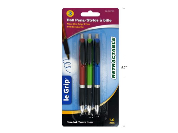 Le Grip Retractable Ball Pens, 1.0mm tip – Blue Ink ~ 3/per pack