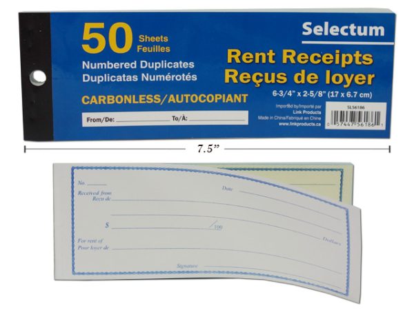 Selectum Duplicate Carbonless Rent Receipt Book ~ 50 pages