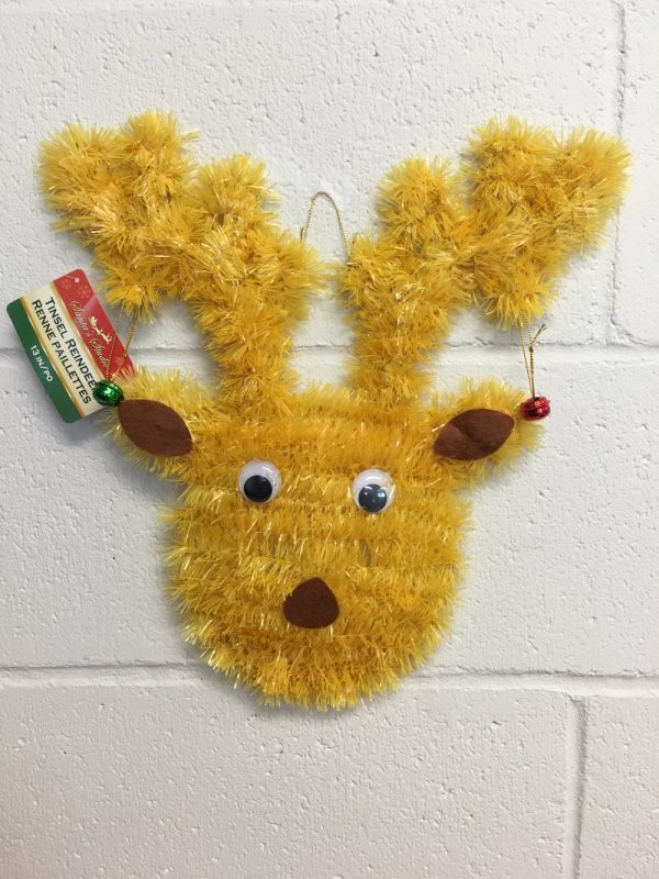 Christmas Tinsel Goggle Eye Reindeer Head with Jingle Bells