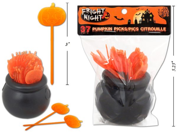 Halloween Plastic Pumpkin Picks in Caldron ~ 37 pieces