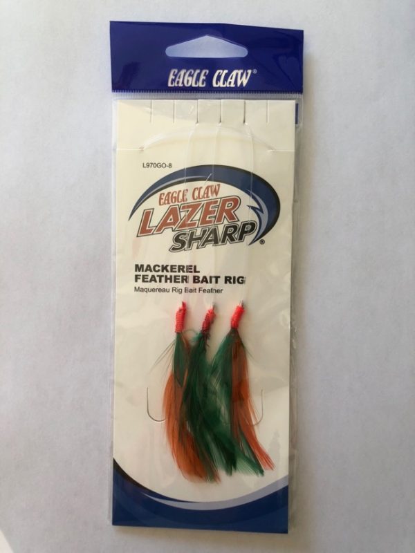 Eagle Claw Mackerel Feather Bait Rig, 3/string ~ Green/Orange