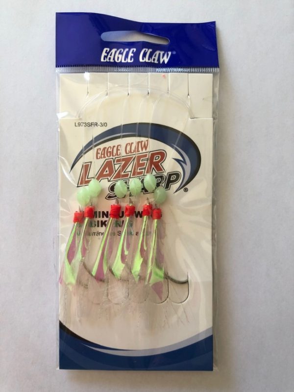 Eagle Claw Luminous Wing Sabiki Rig, 6/string ~ Fluorescent Red with Flash
