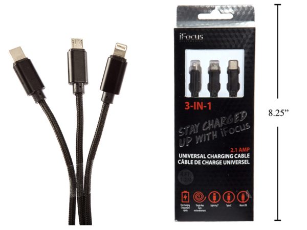 iFocus 3-in1 Charge & Sync Cable – 1.2M/4′ ~ Black