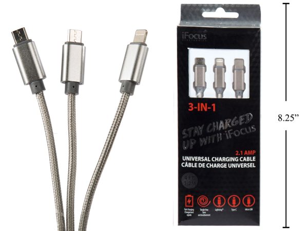 iFocus 3-in1 Charge & Sync Cable – 1.2M/4′ ~ Silver