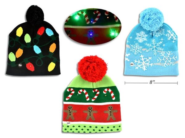 Christmas Adult Hat 6-LED Toque with Pom Pom ~ Battery Operated