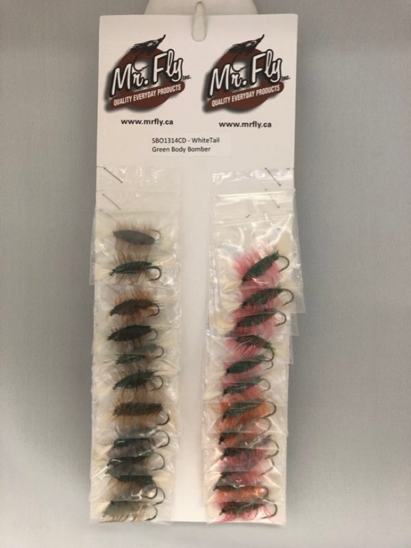 White Tail, Green Body with Brown or Orange Hackle Salmon Bombers