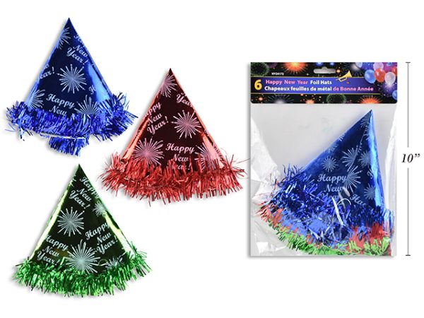 New Year’s Party Foil Hats with Tinsel ~ 6 per pack
