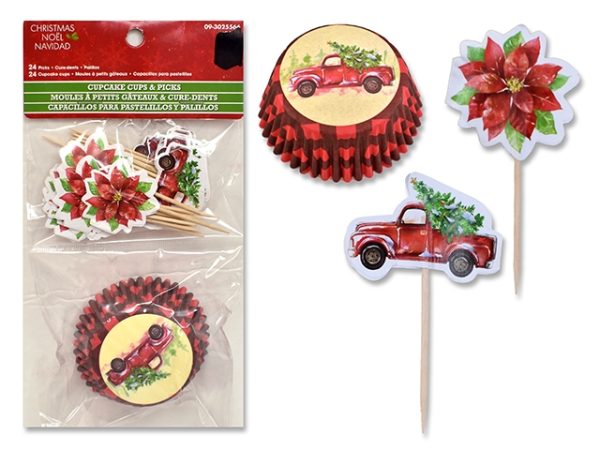 Christmas Vintage Car Baking Cups with Picks – 2″D ~ 24 per pack