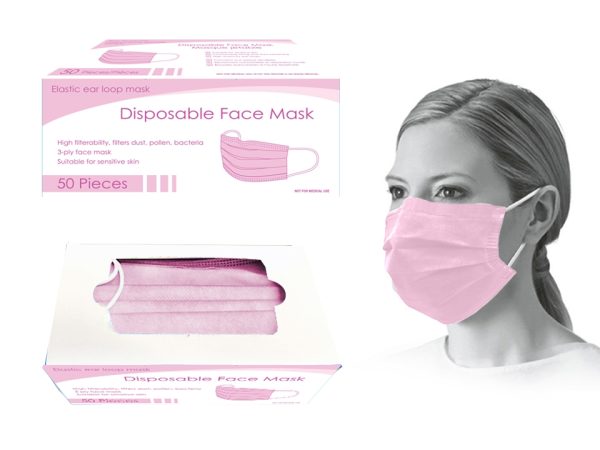 Bodico 3-Ply Disposable Mask – Pink ~ 50 per box