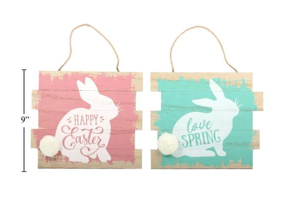 Easter Wooden Plaque Bunny Printed with Pom Pom Tail