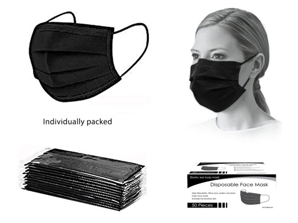 Bodico 3-Ply Disposable Mask Individually Wrapped – Black ~ 50 per box