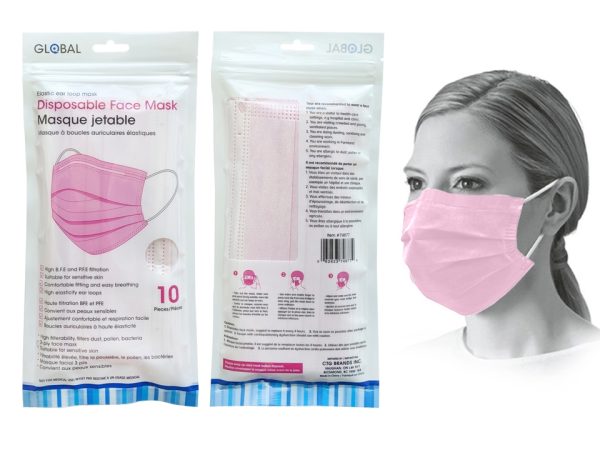 Disposable 3-Ply Face Masks – Pink ~ 10 per pack