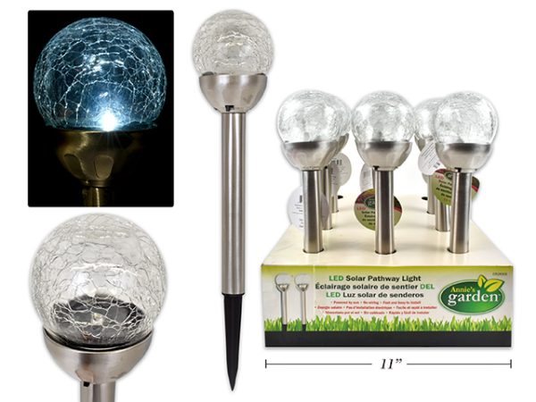 Solar Crackle Glass LED Stainless Steel Light Stakes – 15-1/3″ ~ 12 per display