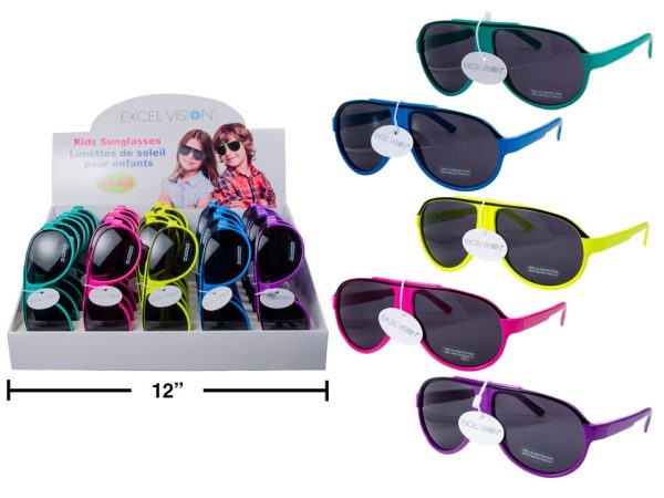 Excel Vision Kid’s Neon Aviator Sunglasses w/Case ~ Display of 30