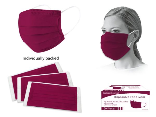 Bodico 3-Ply Disposable Mask Individually Wrapped – Burgundy ~ 50 per box