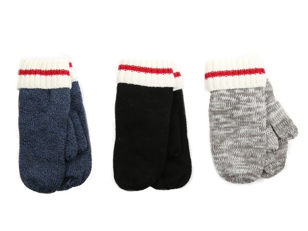 Adult Knitted Mittens with Red Stripe Cuff