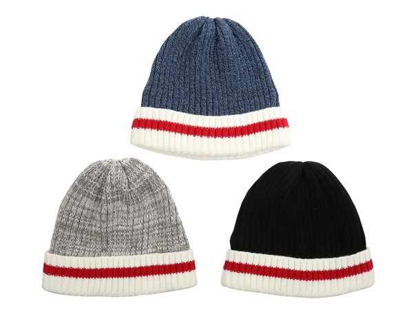 Youth Knitted Beanie Hat with Cuff & Red Stripe