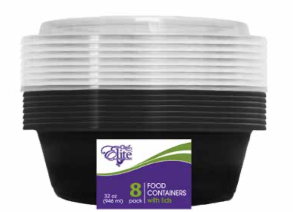 Chef Elite Round Plastic Food Container w/Lids ~ 32oz – 8 per pack