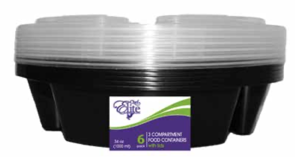 Chef Elite Round Plastic Food Container w/Lids with 3 Compartments ~ 34oz – 6 per pack