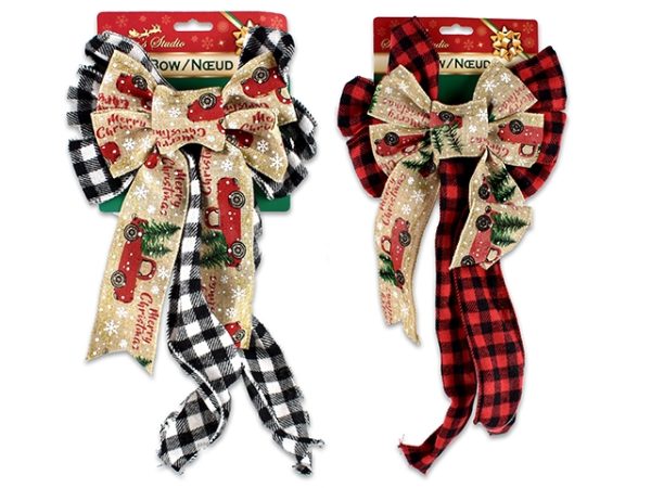 Christmas Buffalo Plaid & Truck Fabric Bow – 11 Loops ~ 7″ x 15.5″L