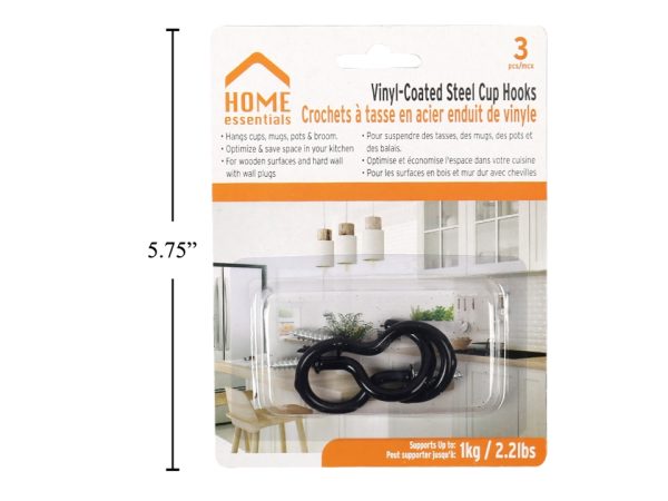 Home Essentials Black Vinyl Coated Steel Cup Hooks – 1.5″ ~ 3 per pack