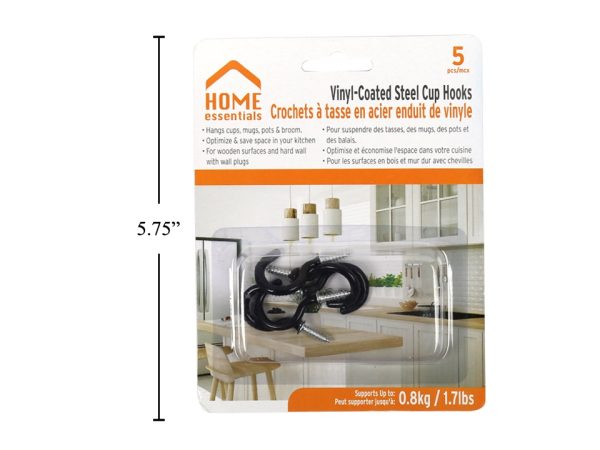 Home Essentials Black Vinyl Coated Steel Cup Hooks – 1″ ~ 5 per pack