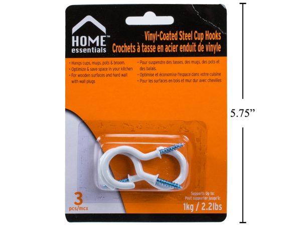Home Essentials White Vinyl Coated Steel Cup Hooks – 1.5″ ~ 3 per pack