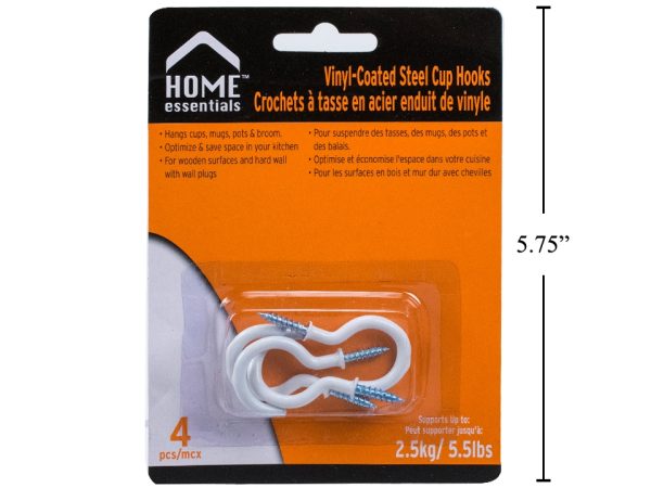 Home Essentials White Vinyl Coated Steel Cup Hooks – 1.25″ ~ 4 per pack