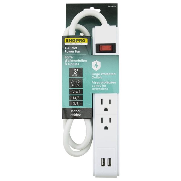 ShopPro Power Bar 4 outlets with 2 USB ~ 3′ cord
