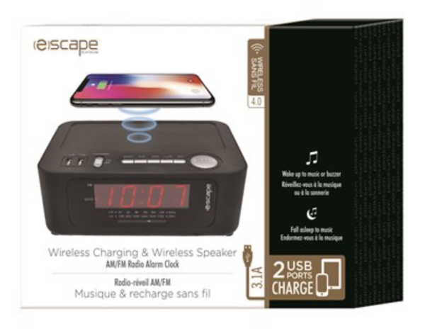 Escape Wireless Charging Digital Alarm Clock with 2 USB Ports & AM/FM Radio
