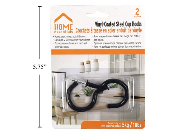 Home Essentials Black Vinyl Coated Steel Cup Hooks – 2″ ~ 2 per pack